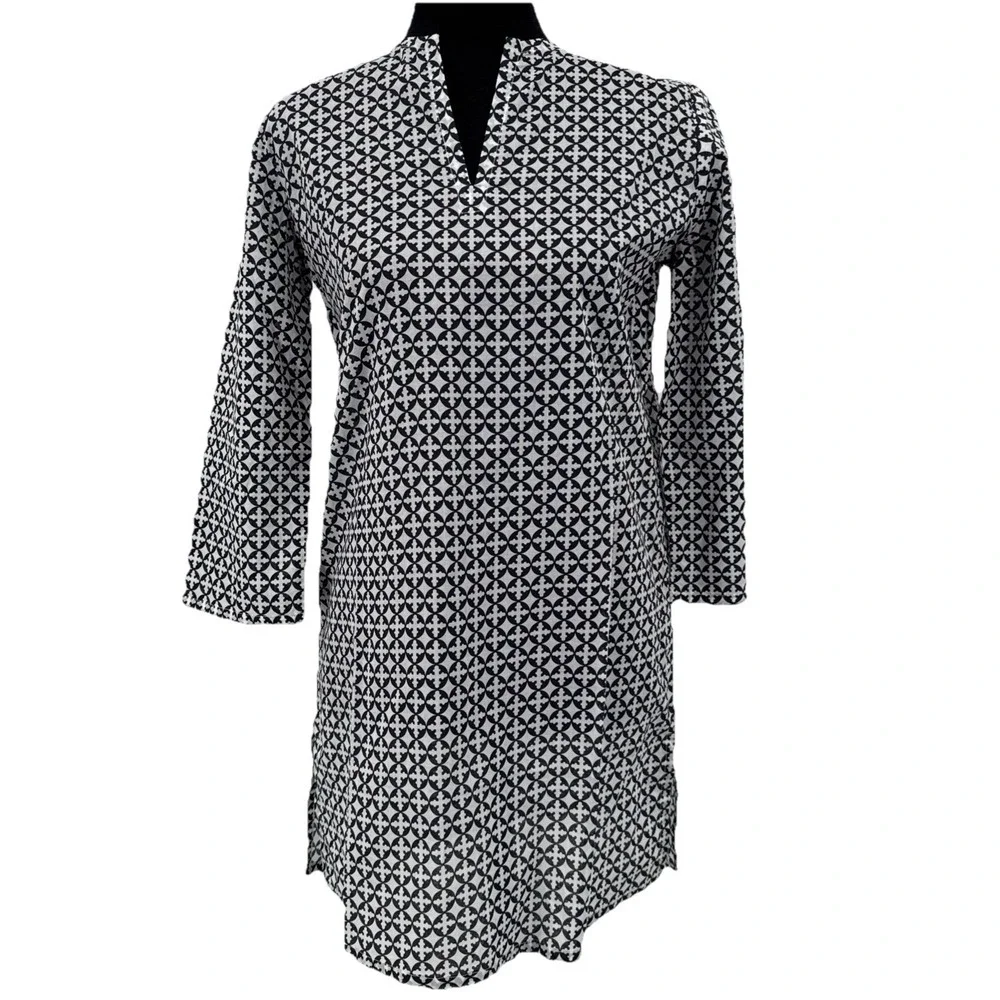 CHARLESTON SHOE CO. NAVY & WHITE COTTON Geometric LOGO 3/4 SLVS TUNIC SM‎ NEW